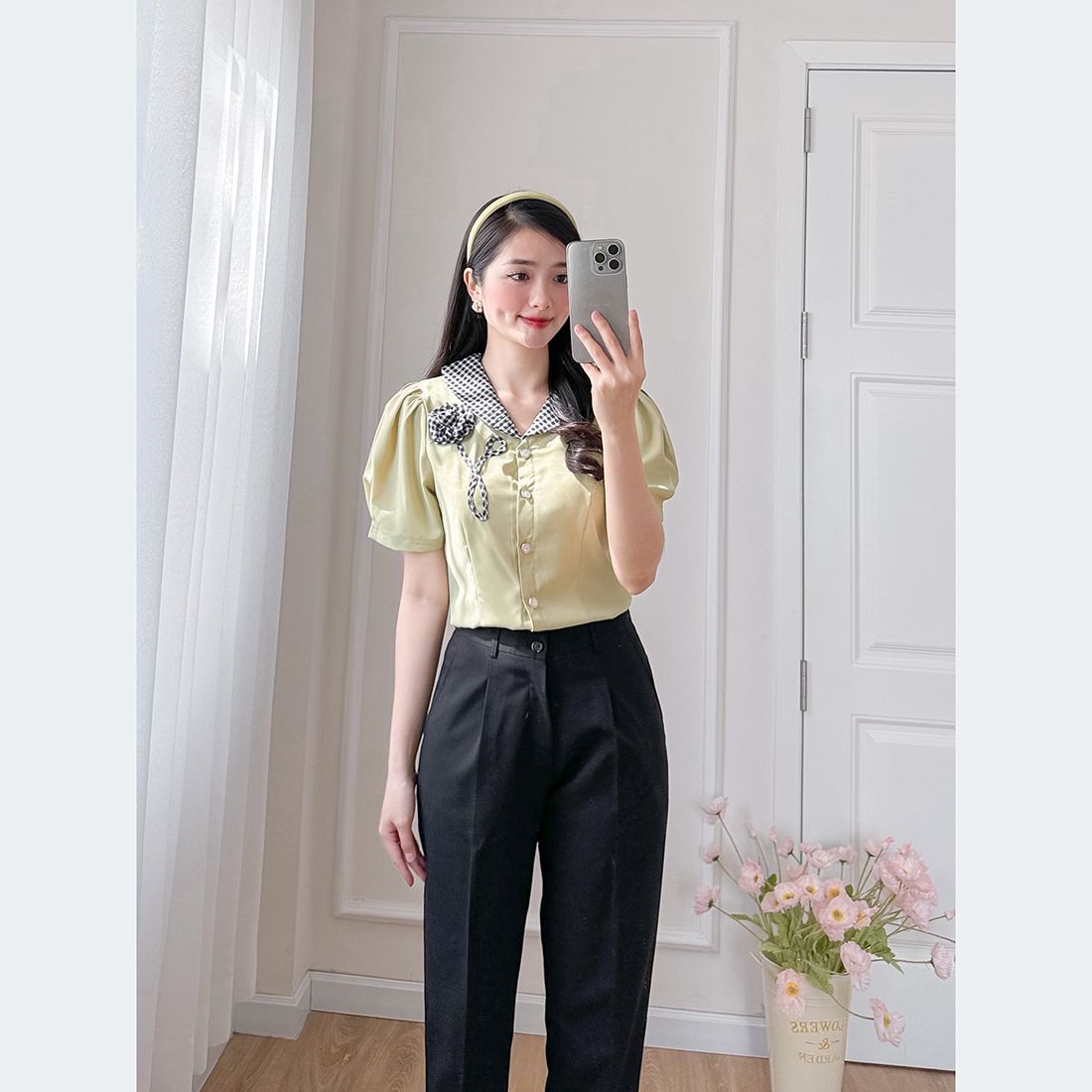 Áo kiểu công sở tay ngắn cổ v phối màu - ASM240