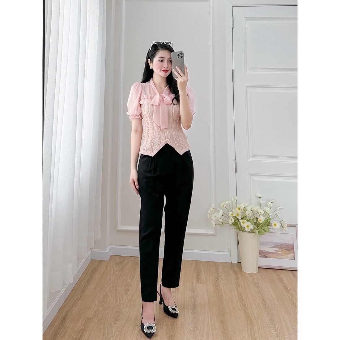 Áo kiểu nữ dáng ngắn cổ nơ phối voan thời trang Eden - ASM245