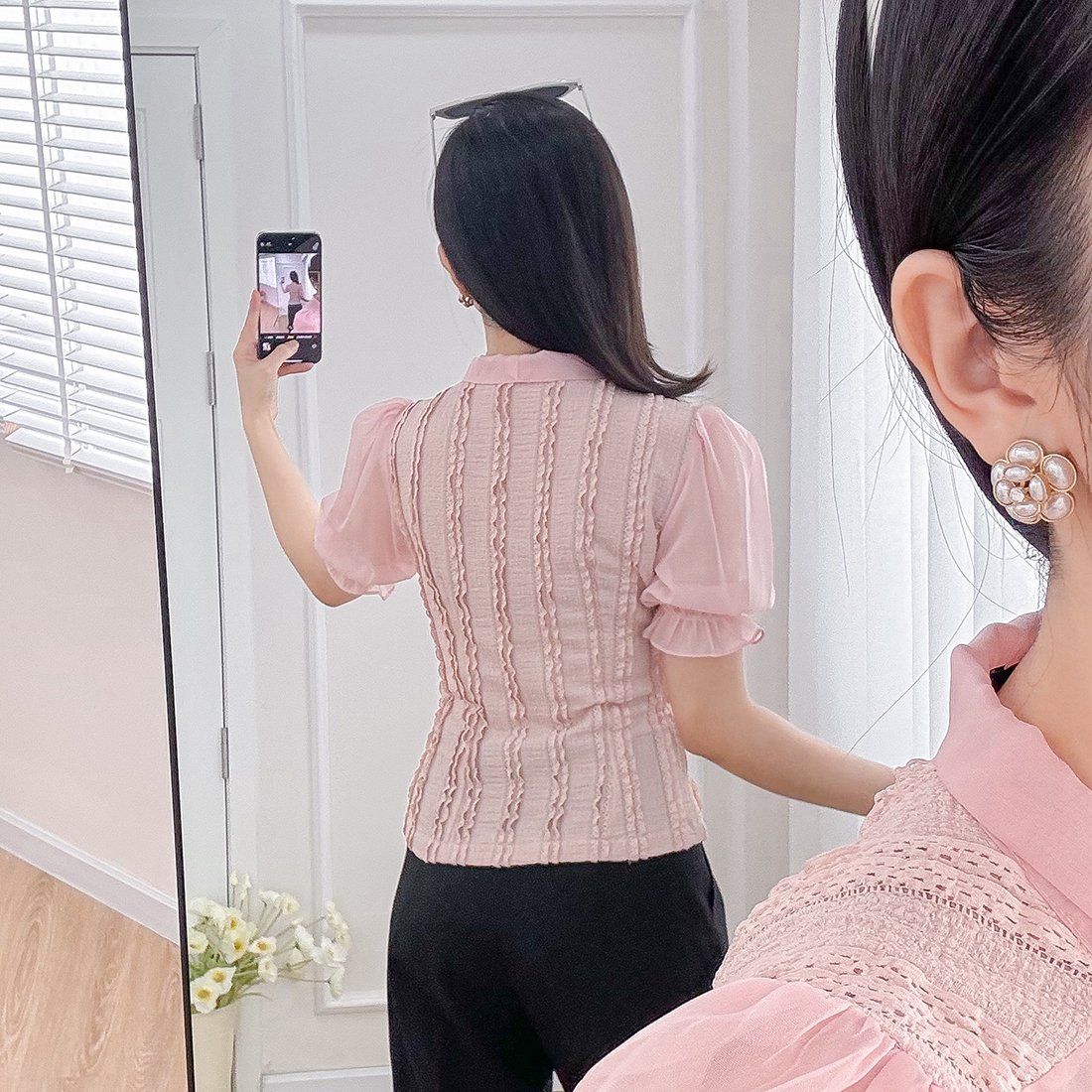Áo kiểu nữ dáng ngắn cổ nơ phối voan thời trang Eden - ASM245