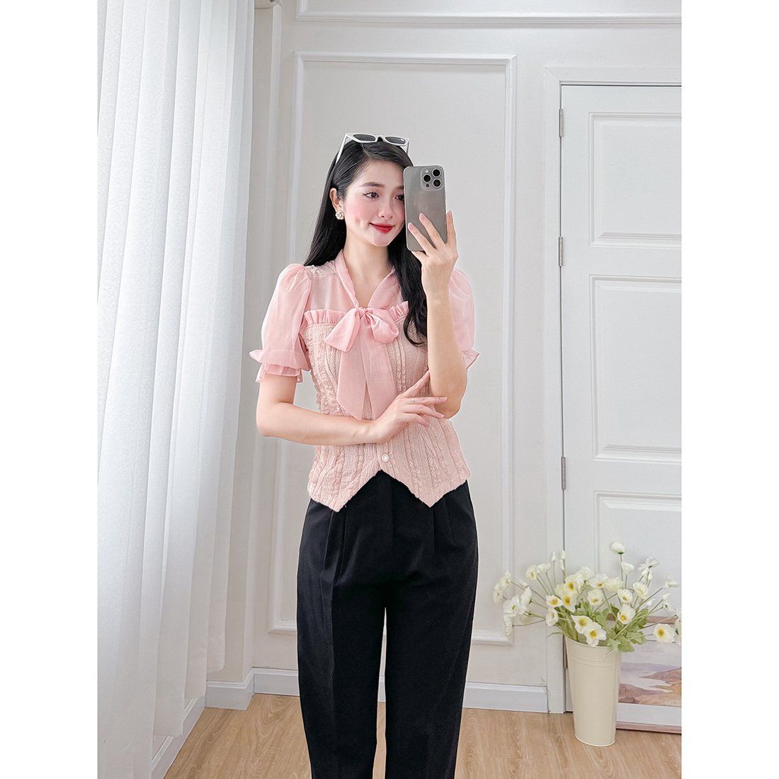 Áo kiểu nữ dáng ngắn cổ nơ phối voan thời trang Eden - ASM245