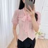 Áo kiểu nữ dáng ngắn cổ nơ phối voan thời trang Eden - ASM245