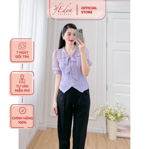  Áo kiểu nữ dáng ngắn cổ nơ phối voan thời trang Eden - ASM245 
