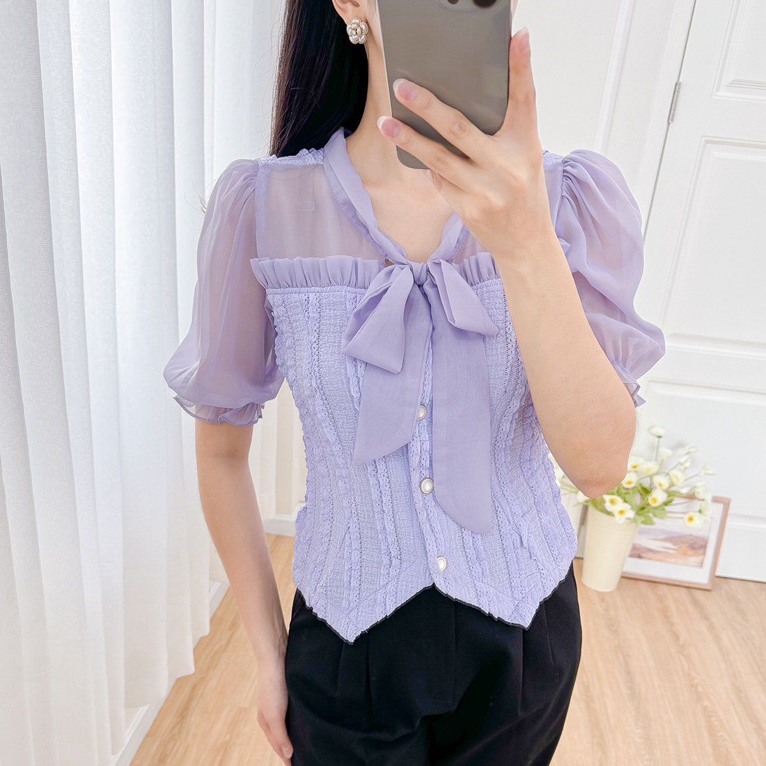 Áo kiểu nữ dáng ngắn cổ nơ phối voan thời trang Eden - ASM245
