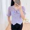 Áo kiểu nữ dáng ngắn cổ nơ phối voan thời trang Eden - ASM245