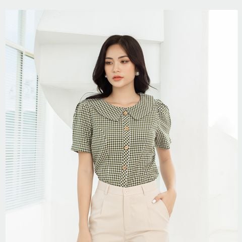  Áo kiểu nữ caro cổ sen dáng ngắn thời trang Eden - ASM179 