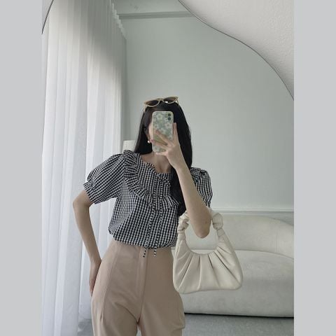  Áo kiểu nữ caro cổ bèo thời trang Eden - ASM165 