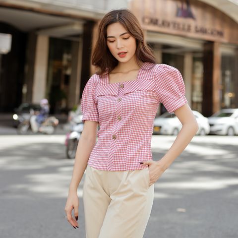  Áo kiểu nữ caro công sở cổ vuông tay phồng - ASM190 