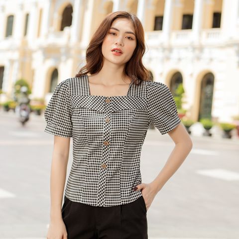  Áo kiểu nữ caro công sở cổ vuông tay phồng - ASM190 