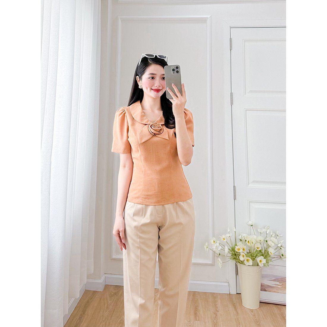 Áo kiểu nữ công sở cổ sen phối hoa thời trang Eden - ASM247