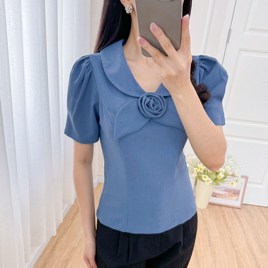 Áo kiểu nữ công sở cổ sen phối hoa thời trang Eden - ASM247