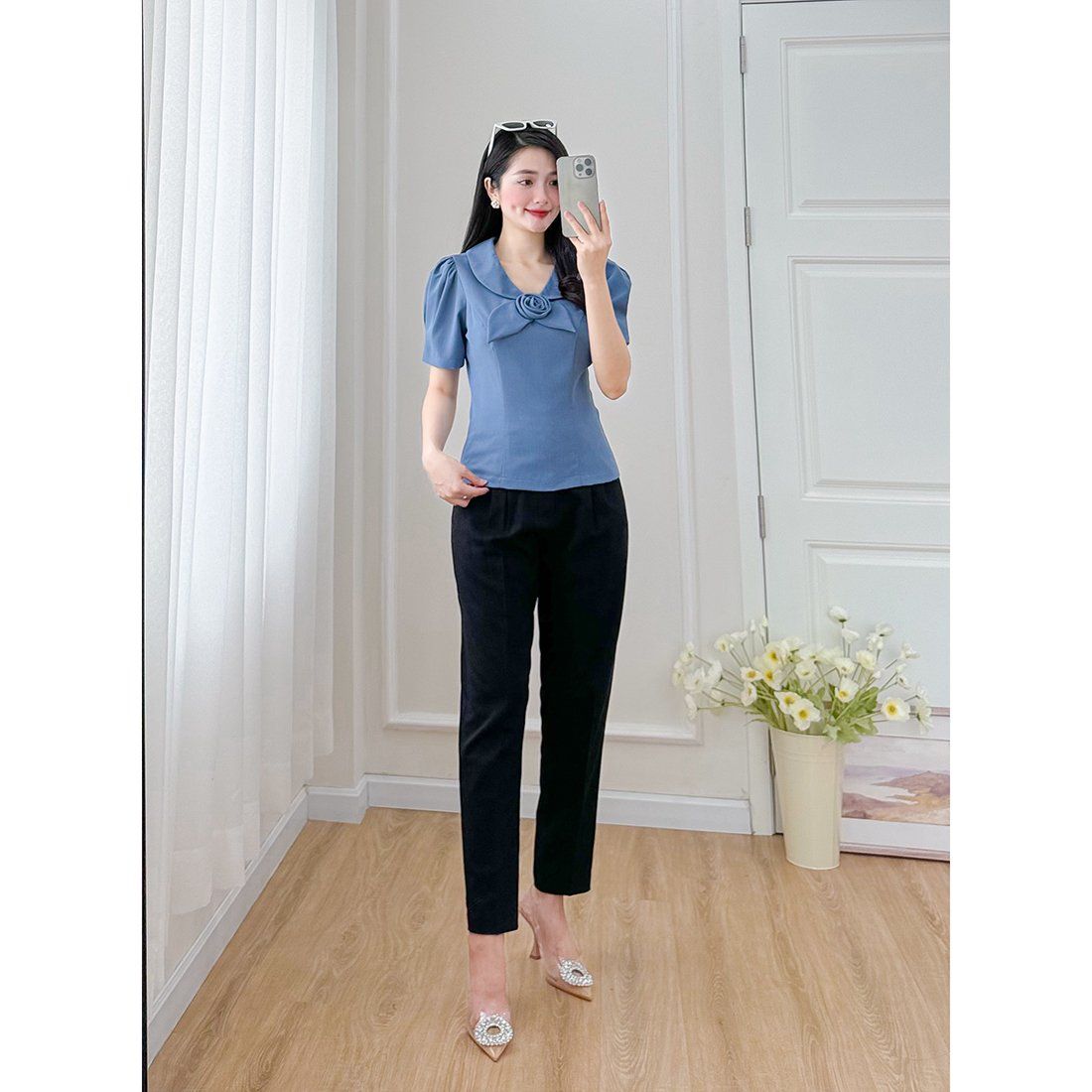 Áo kiểu nữ công sở cổ sen phối hoa thời trang Eden - ASM247