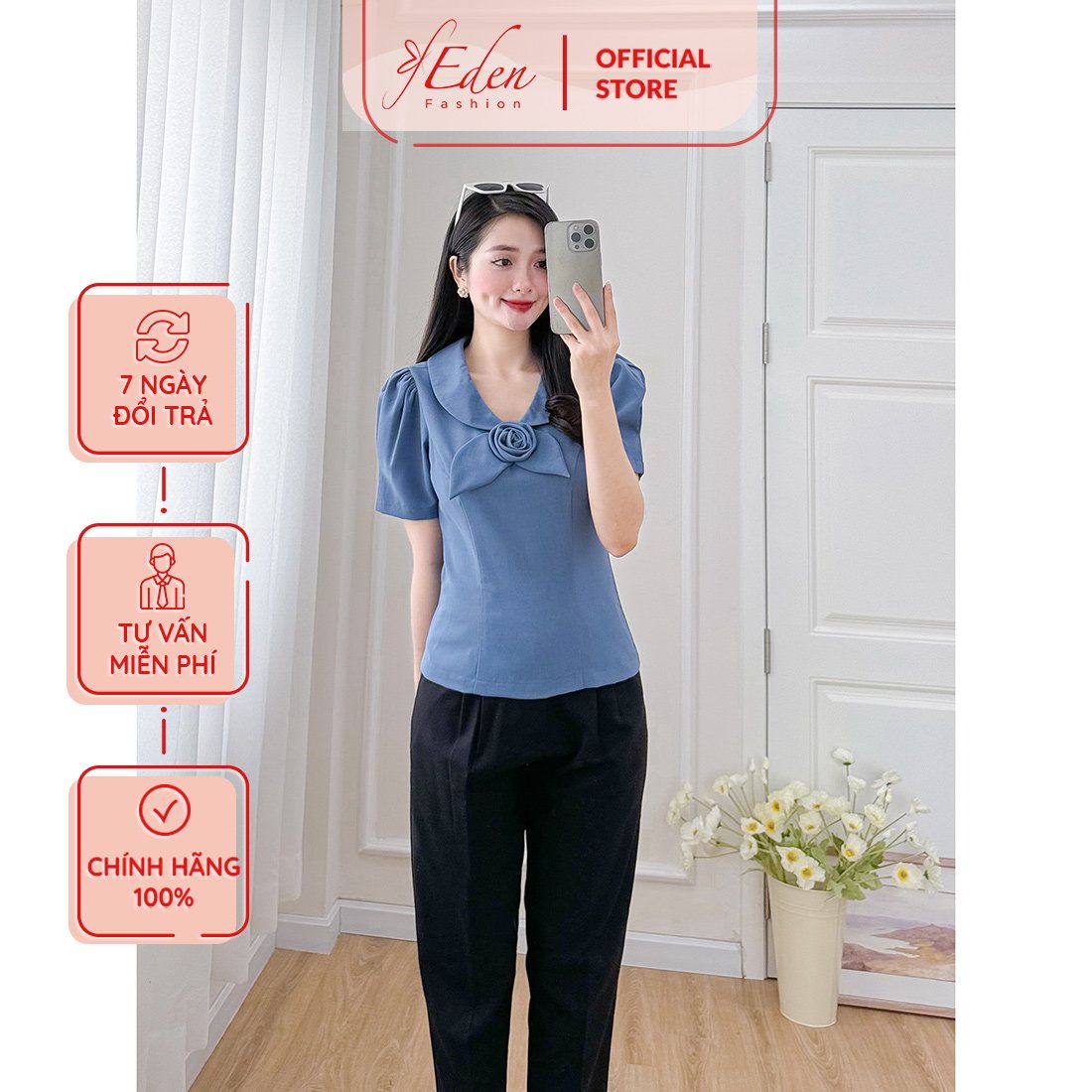 Áo kiểu nữ công sở cổ sen phối hoa thời trang Eden - ASM247