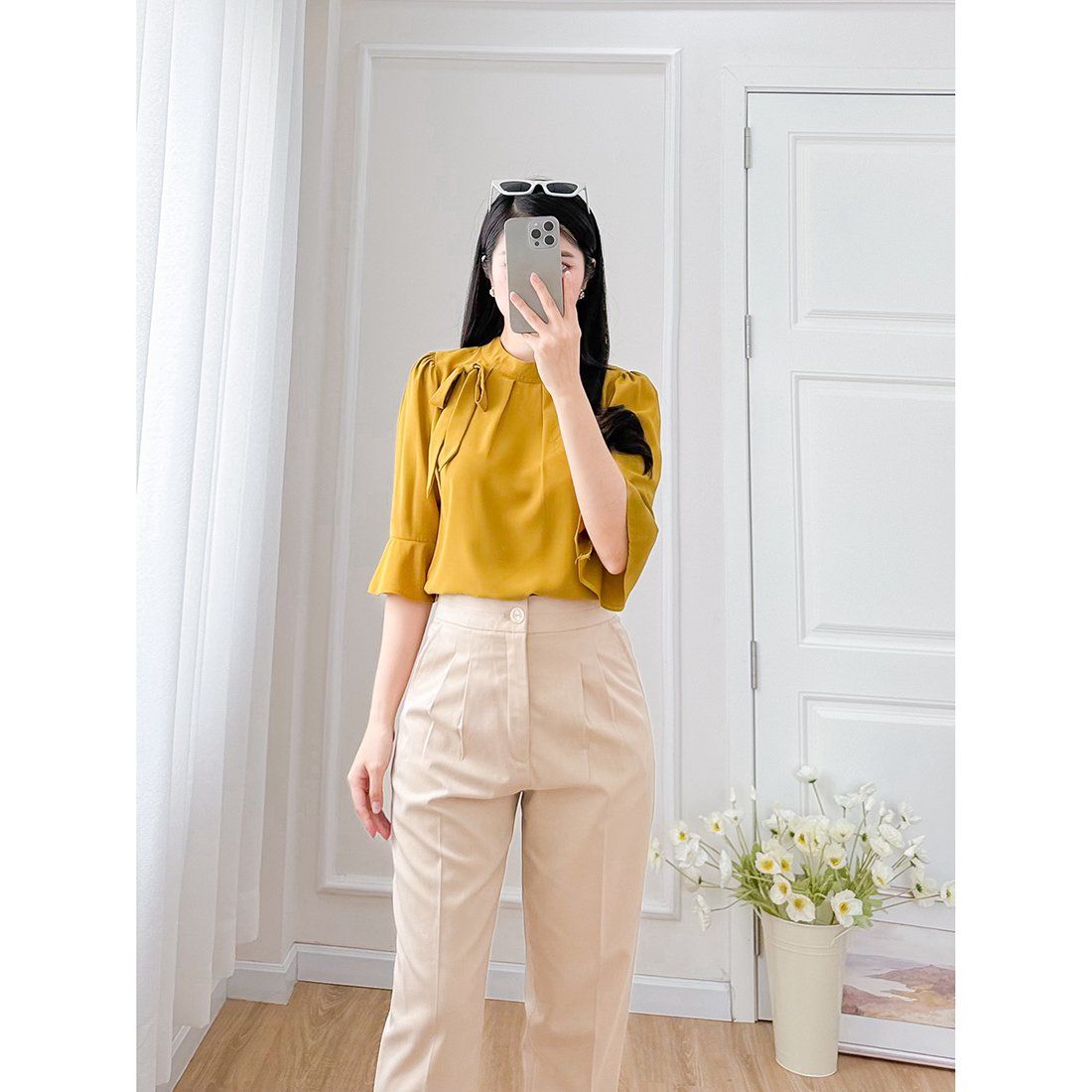 Áo kiểu nữ công sở cổ xếp ly tay lỡ thời trang Eden - ASM248