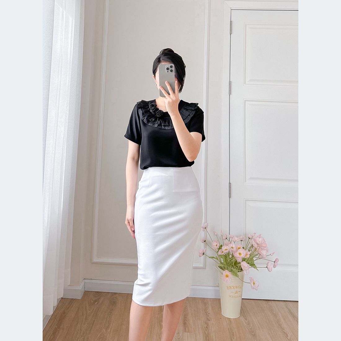 Áo kiểu nữ công sở dáng suông cổ bèo thời trang Eden - ASM241