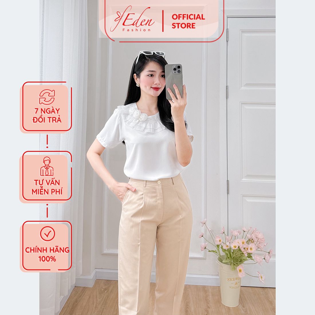 Áo kiểu nữ công sở dáng suông cổ bèo thời trang Eden - ASM241