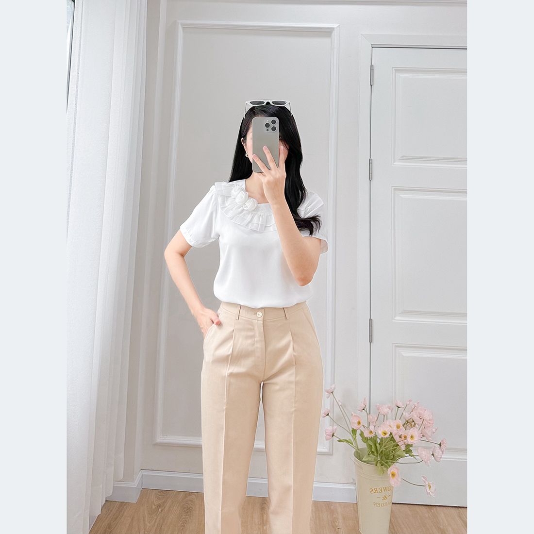 Áo kiểu nữ công sở dáng suông cổ bèo thời trang Eden - ASM241