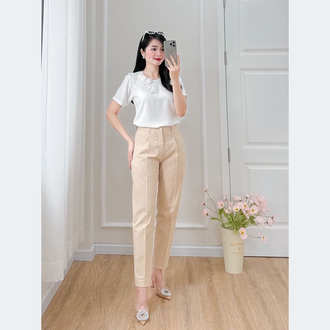 Áo kiểu nữ công sở dáng suông cổ bèo thời trang Eden - ASM241