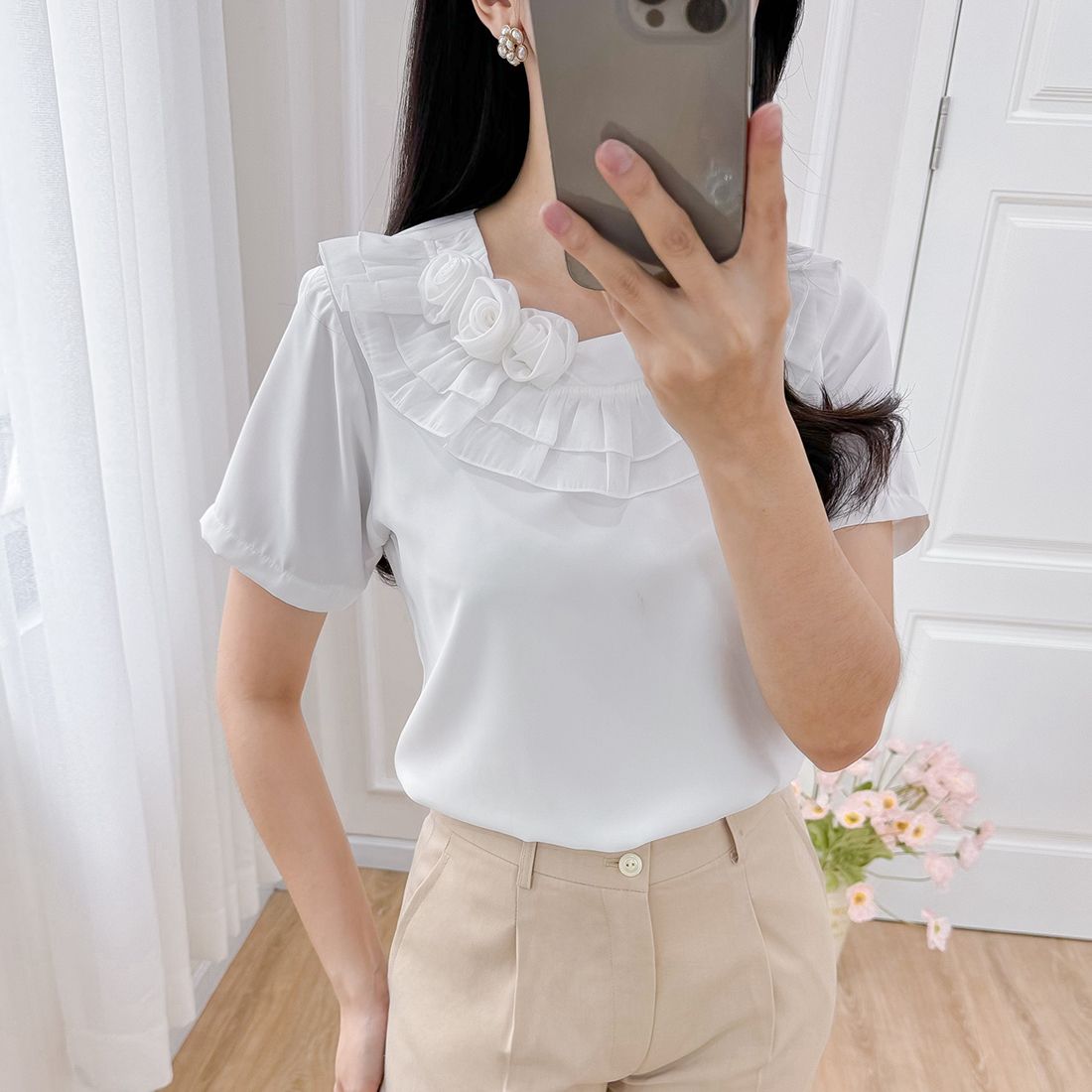 Áo kiểu nữ công sở dáng suông cổ bèo thời trang Eden - ASM241