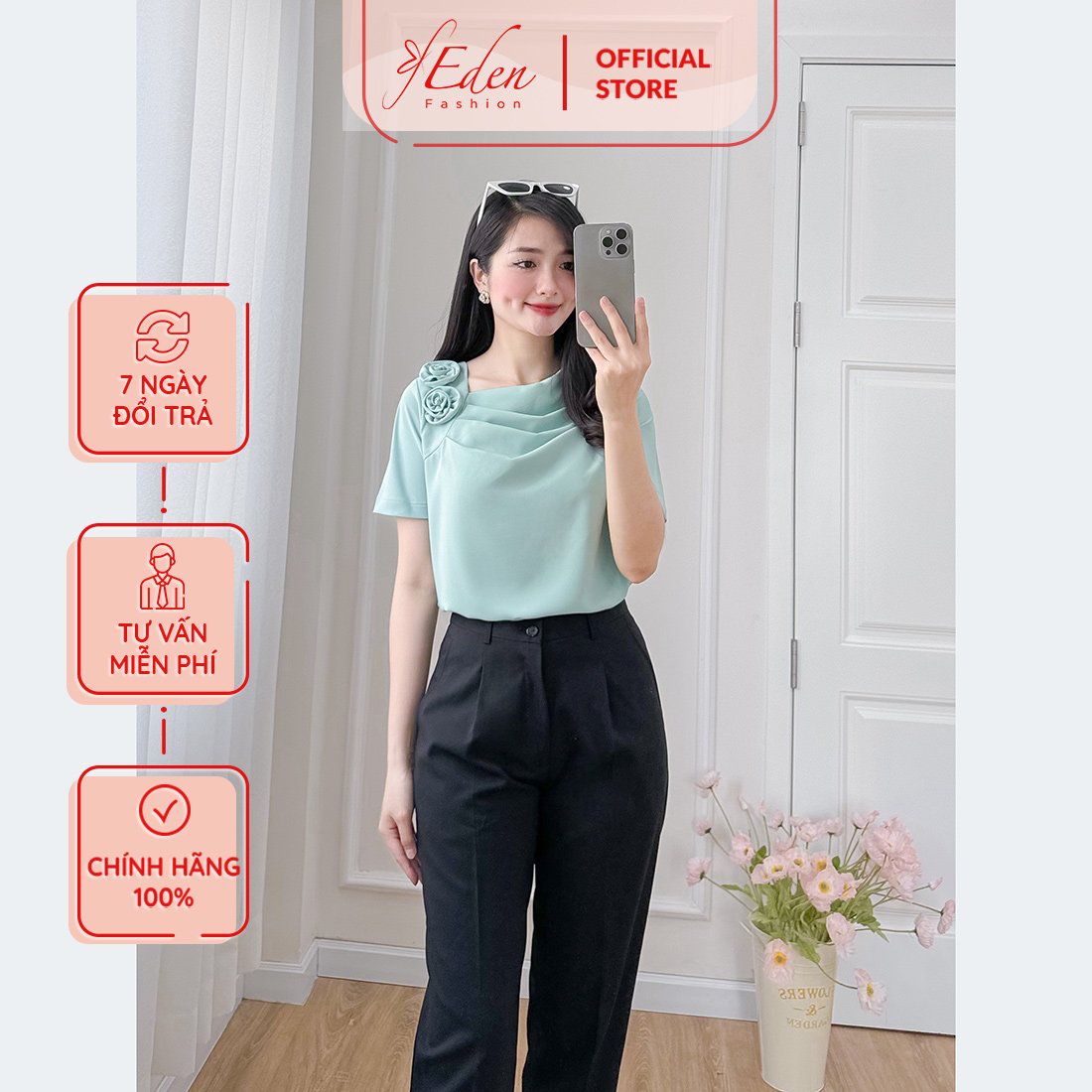 Áo kiểu nữ công sở dáng suông cổ đổ phối hoa - ASM242