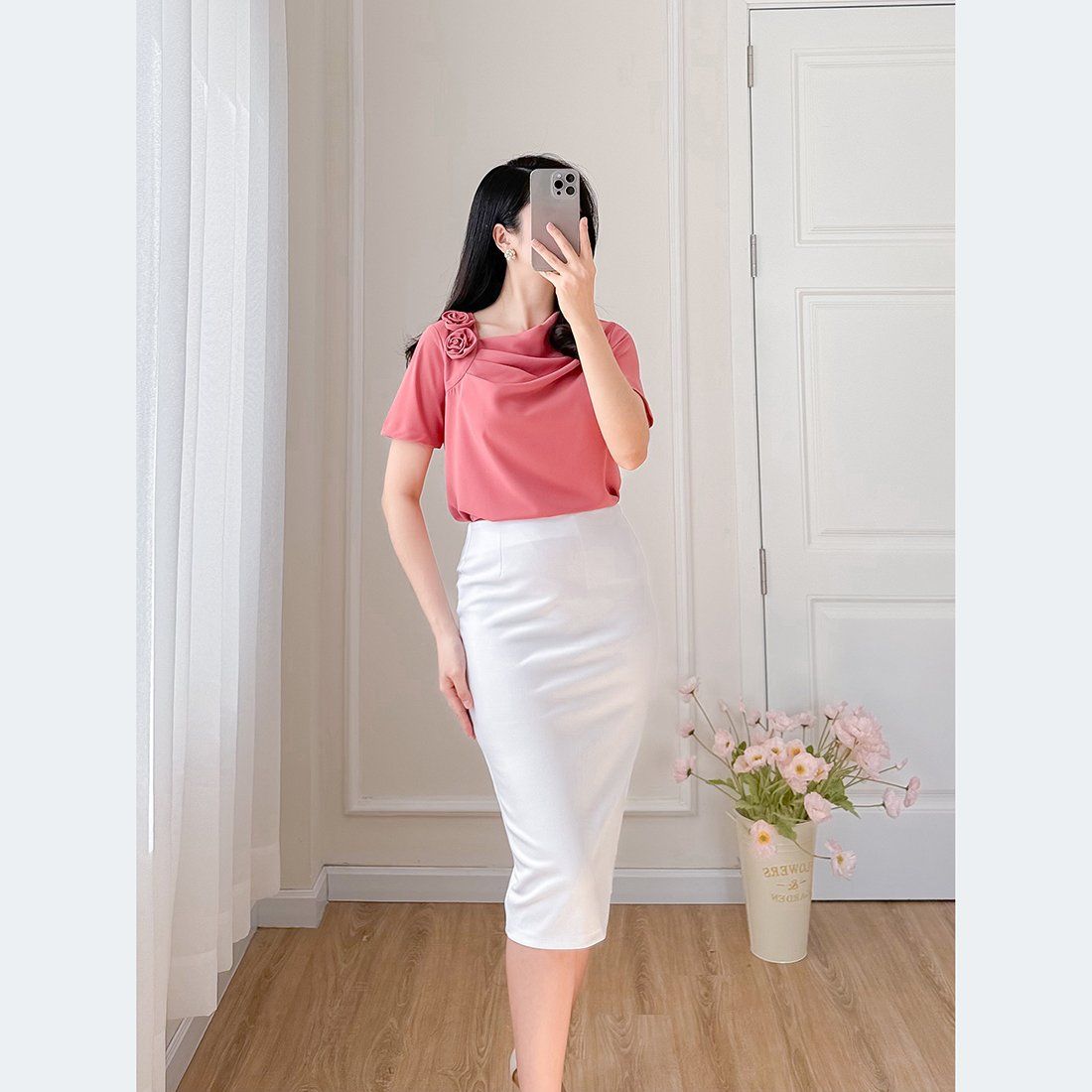 Áo kiểu nữ công sở dáng suông cổ đổ phối hoa - ASM242