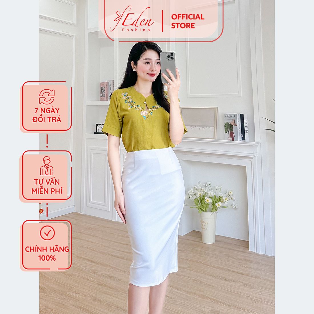Áo kiểu nữ dáng suông cổ giọt nước tay ngắn thêu hoa - ASM235