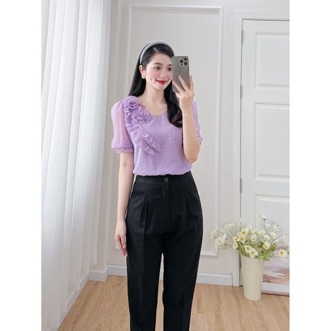  Áo kiểu nữ dáng suông cổ tim tay phồng thời trang Eden - ASM246 