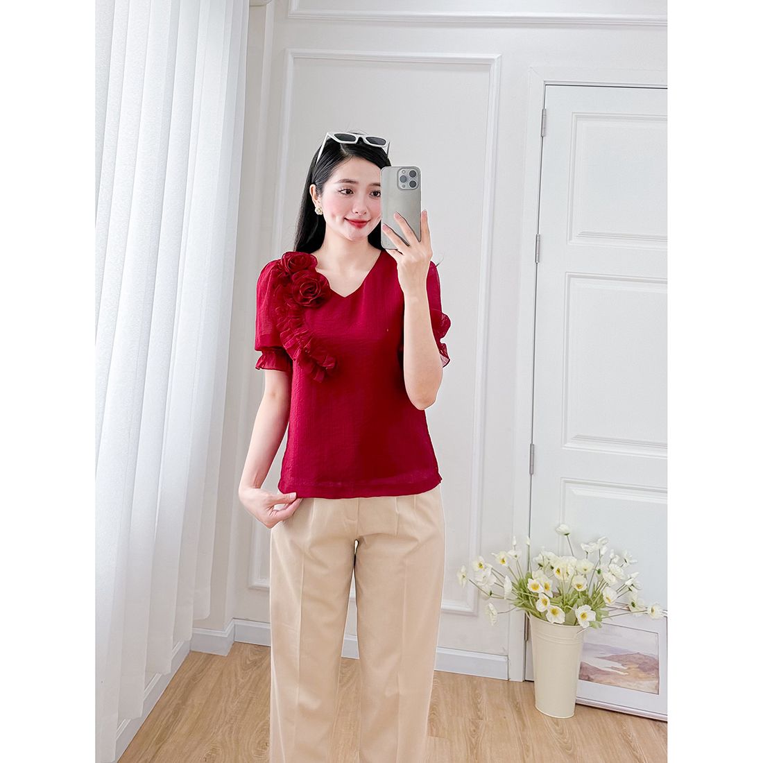 Áo kiểu nữ dáng suông cổ tim tay phồng thời trang Eden - ASM246