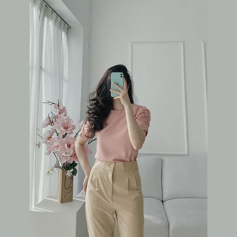  Áo kiểu nữ dáng suông cổ tròn đính hạt thời trang Eden - ASM145 