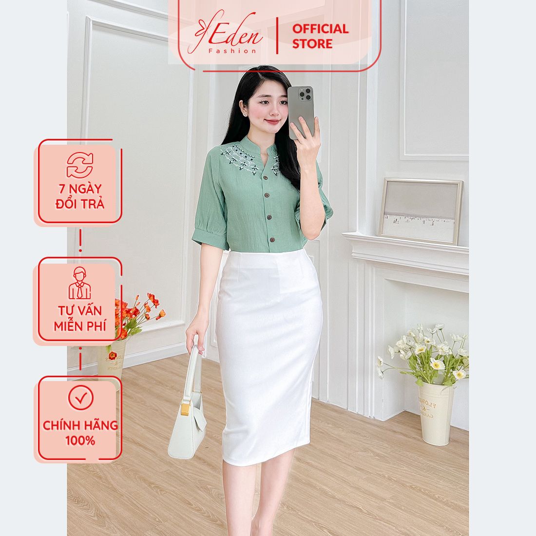 Áo kiểu nữ dáng suông cổ trụ tay lỡ thêu hoa - ASM237