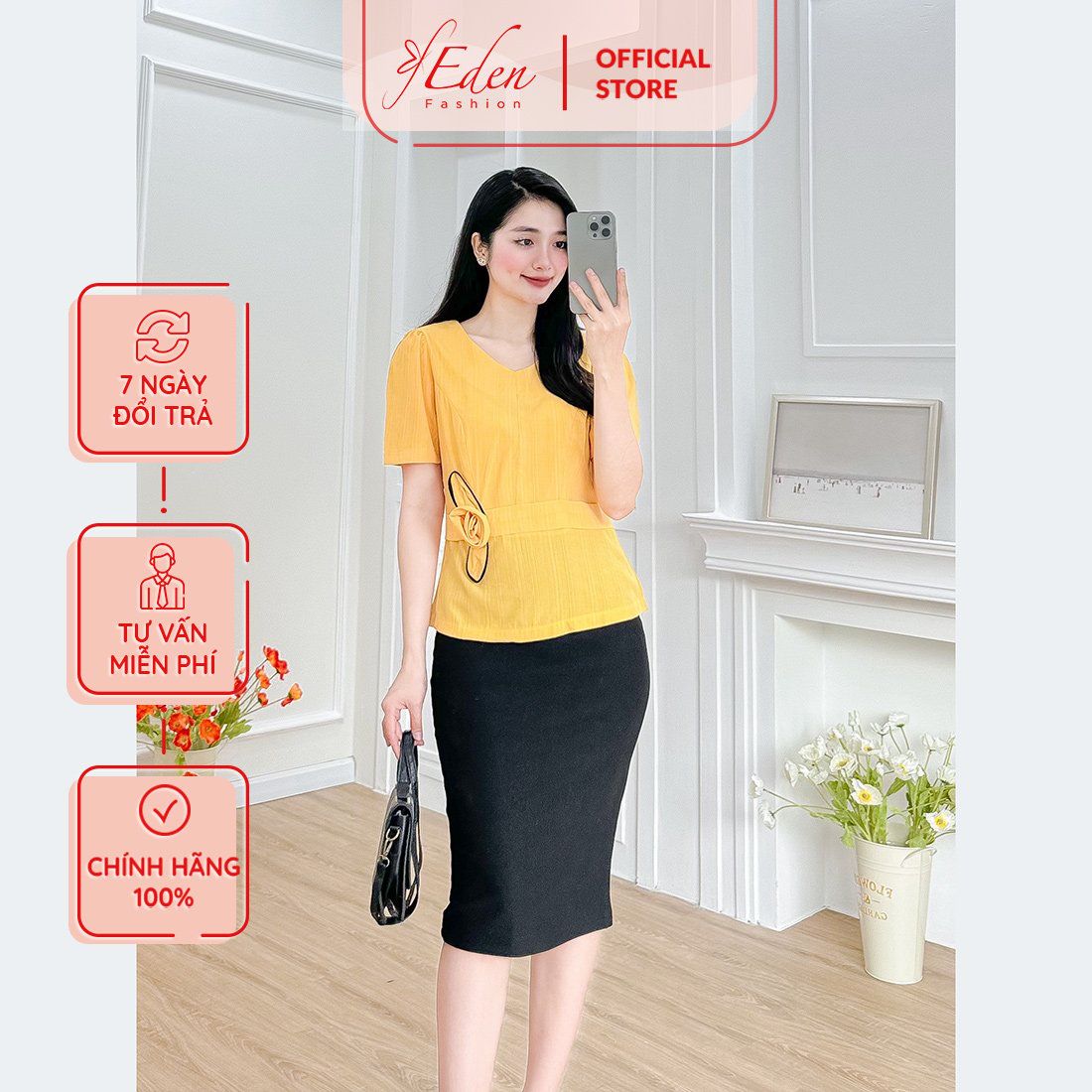 Áo kiểu peplum cổ v phối hoa thời trang Eden - ASM233