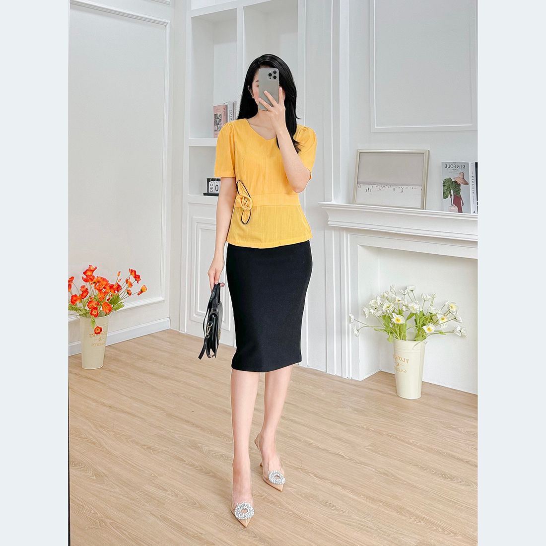 Áo kiểu peplum cổ v phối hoa thời trang Eden - ASM233
