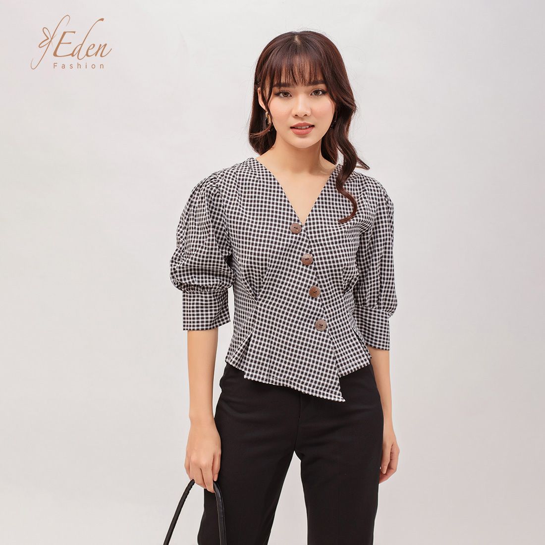 Áo Kiểu Thời Trang Eden Caro Dáng Ngắn Xếp Li Tay Rút - ASM078