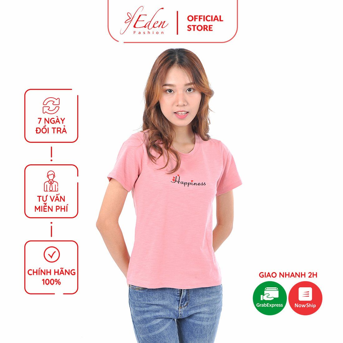 Áo thun nữ tay ngắn cổ tròn thời trang Eden thêu chữ - AT098