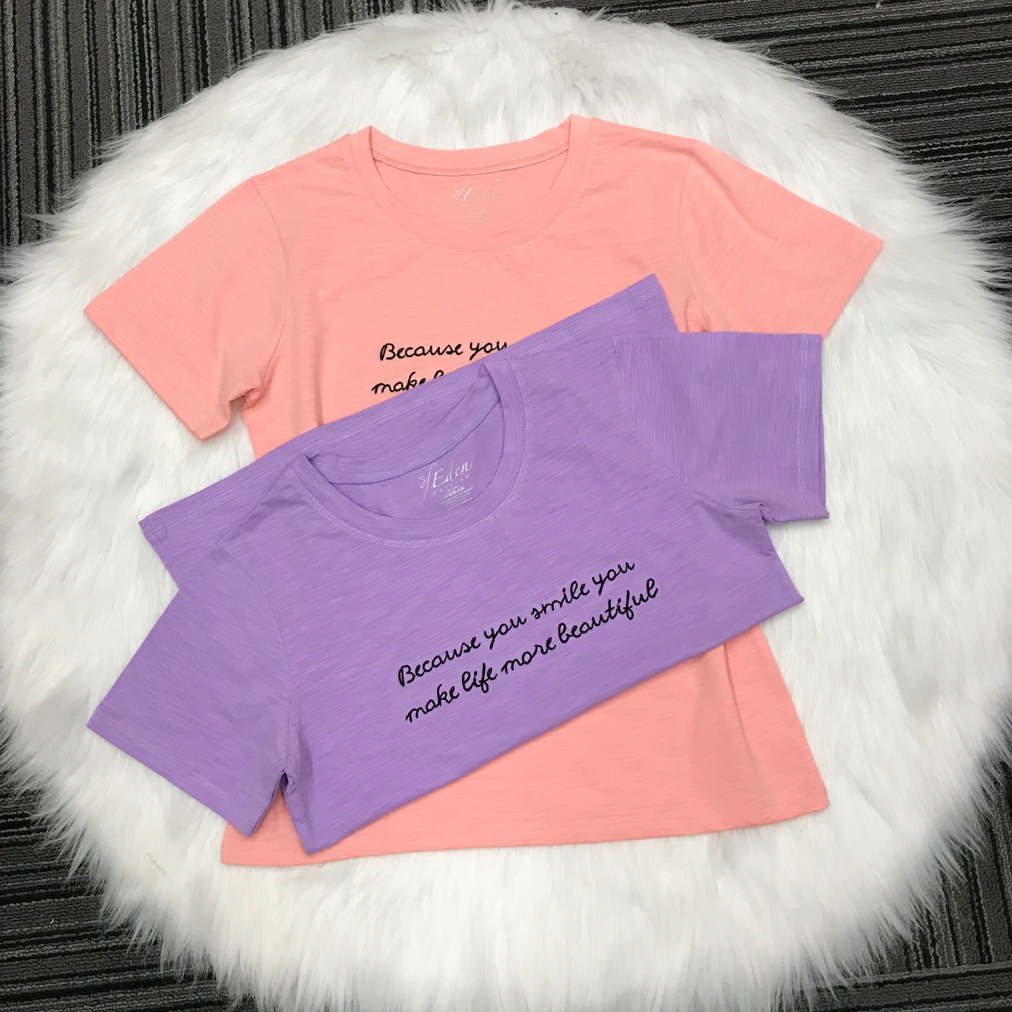 Áo thun nữ tay ngắn cổ tròn thời trang Eden thêu chữ - AT102