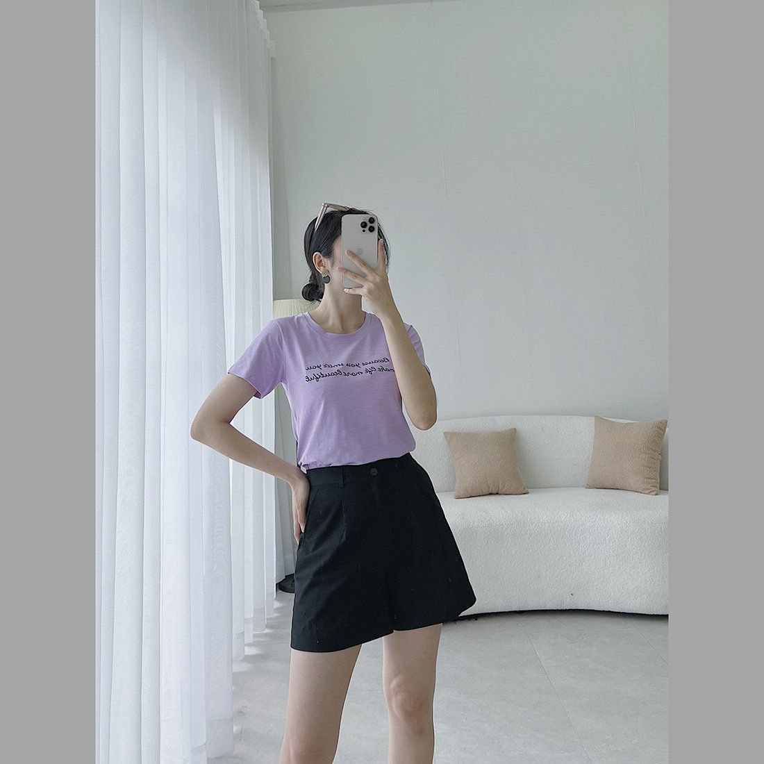 Áo thun nữ tay ngắn cổ tròn thời trang Eden thêu chữ - AT102