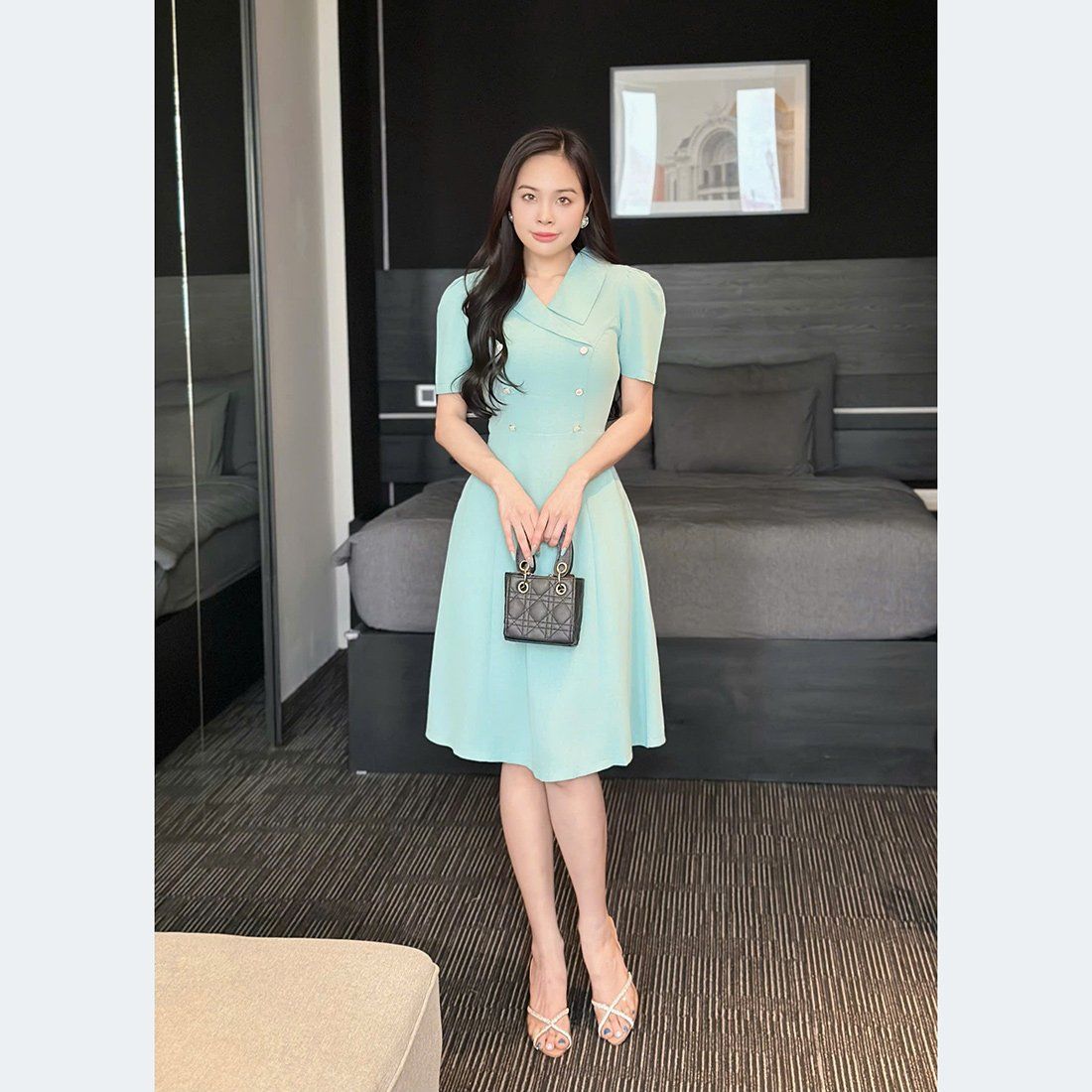 Đầm công sở chữ a cổ vest cách điệu thời trang Eden - D514