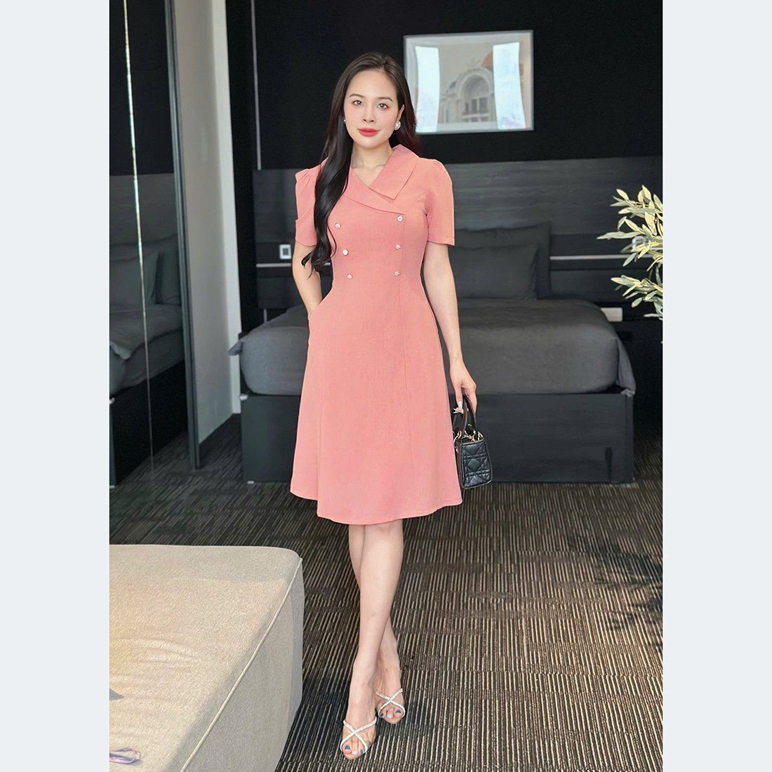 Đầm công sở chữ a cổ vest cách điệu thời trang Eden - D514