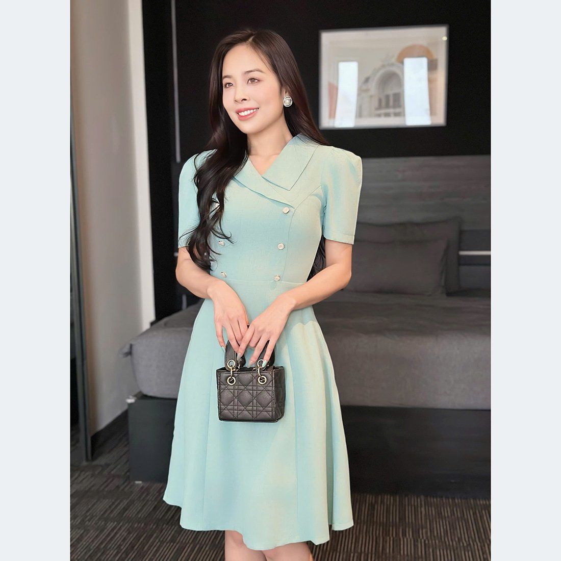 Đầm công sở chữ a cổ vest cách điệu thời trang Eden - D514