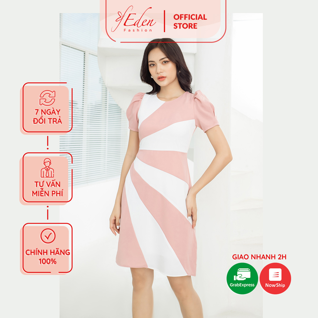 Đầm công sở dáng chữ a cổ tròn phối màu thời trang Eden