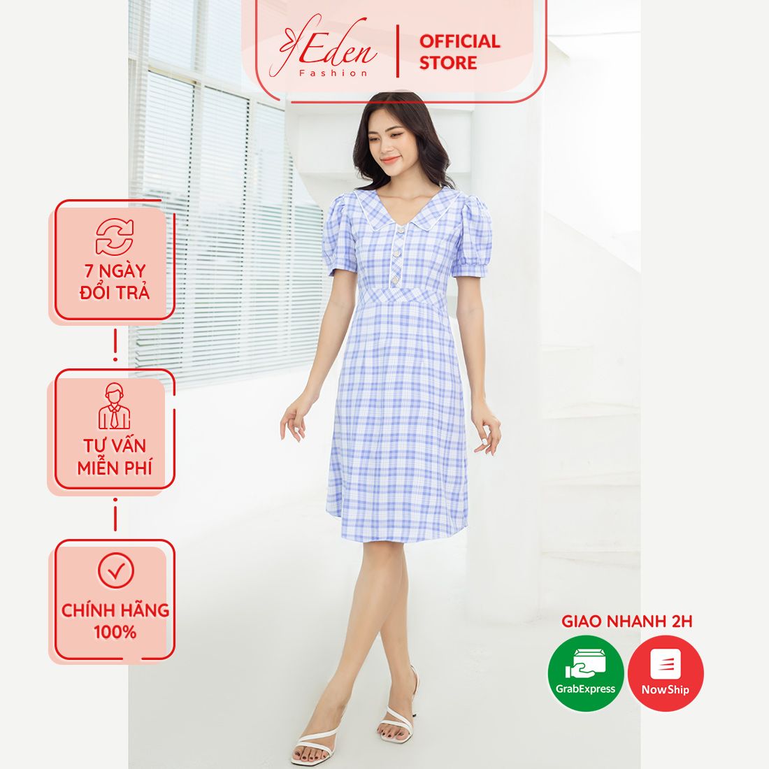 Đầm công sở họa tiết caro thời trang Eden - D449