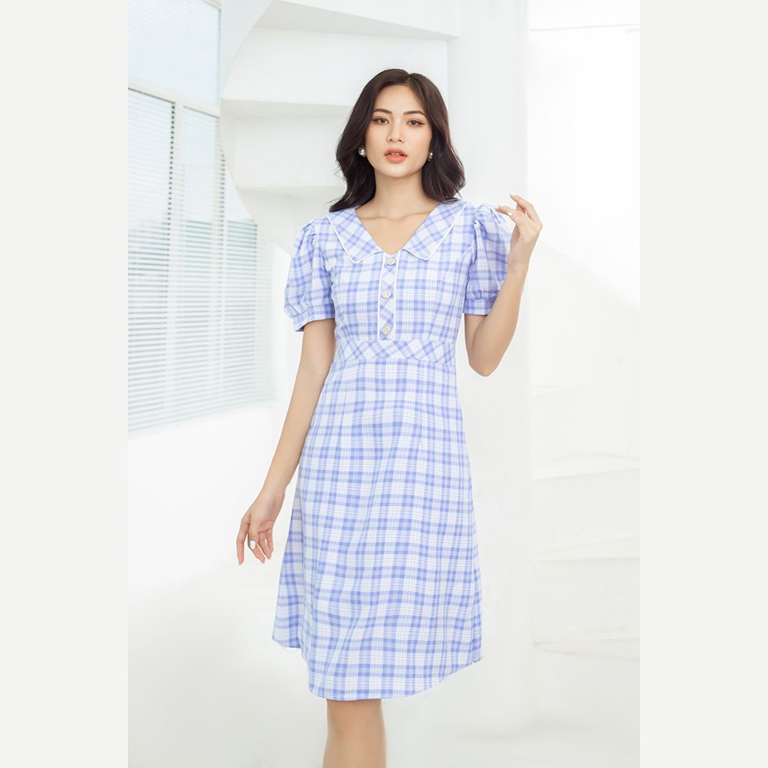 Đầm công sở họa tiết caro thời trang Eden - D449