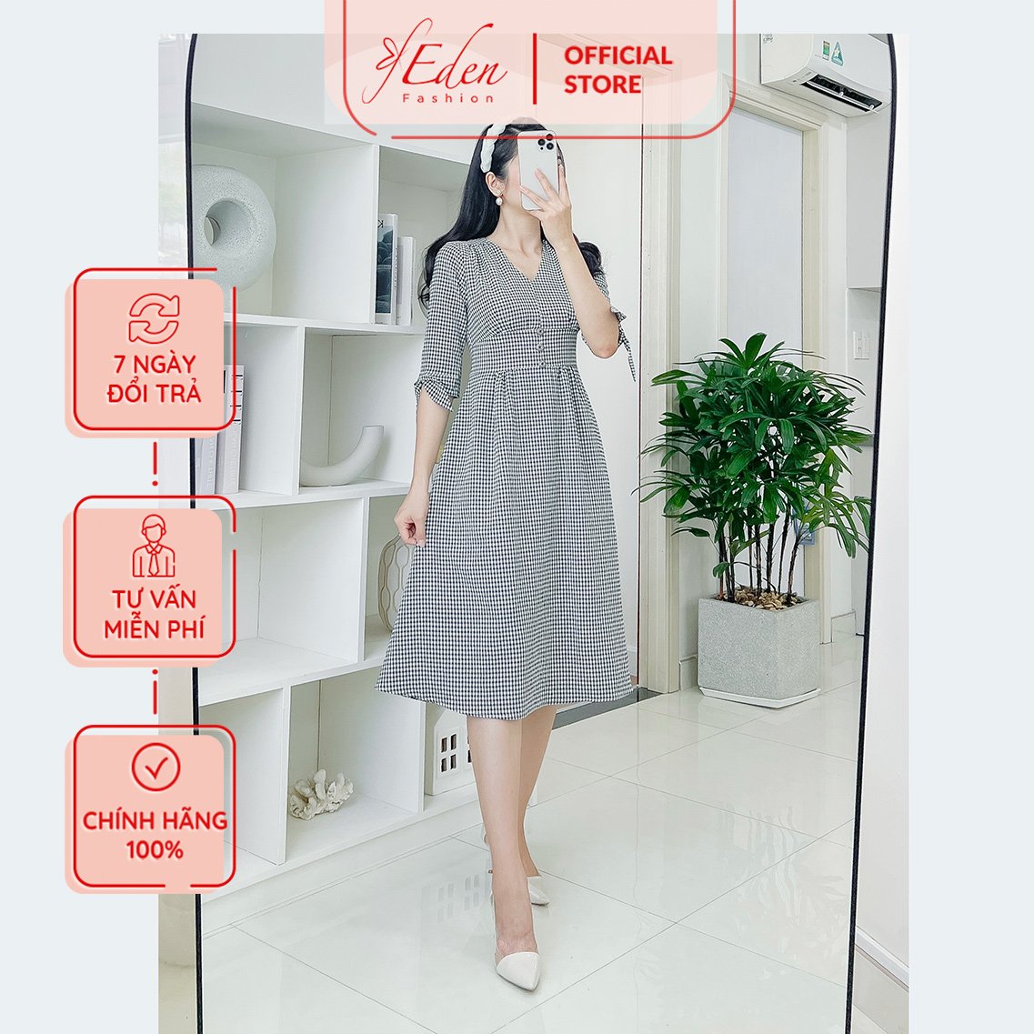 Đầm Xòe Tay Phồng Caro Trắng Đen Phối Nơ  DXC001  Dinos Fashion