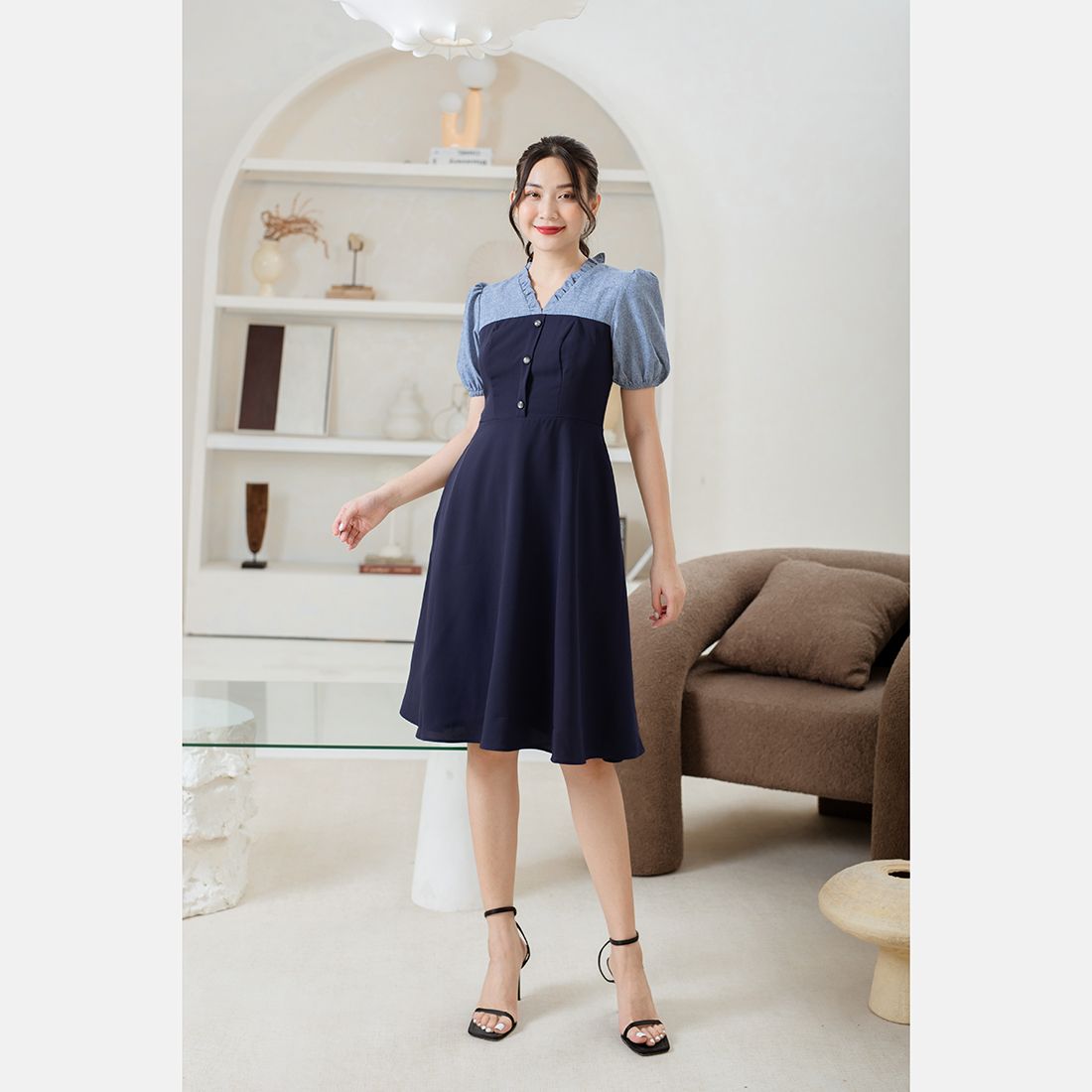 Váy Xòe Cổ Đức Phối Màu P1K2