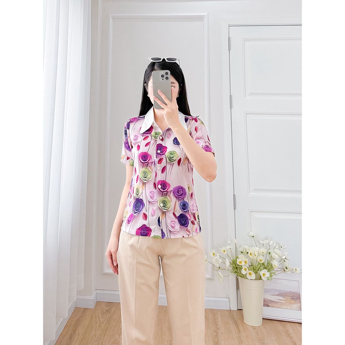 Áo kiểu nữ công sở dáng suông họa tiết hoa 3d cổ phối màu thời trang Eden - ASM244