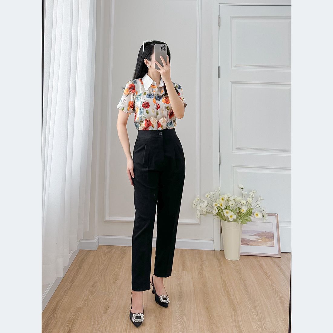 Áo kiểu nữ công sở dáng suông họa tiết hoa 3d cổ phối màu thời trang Eden - ASM244