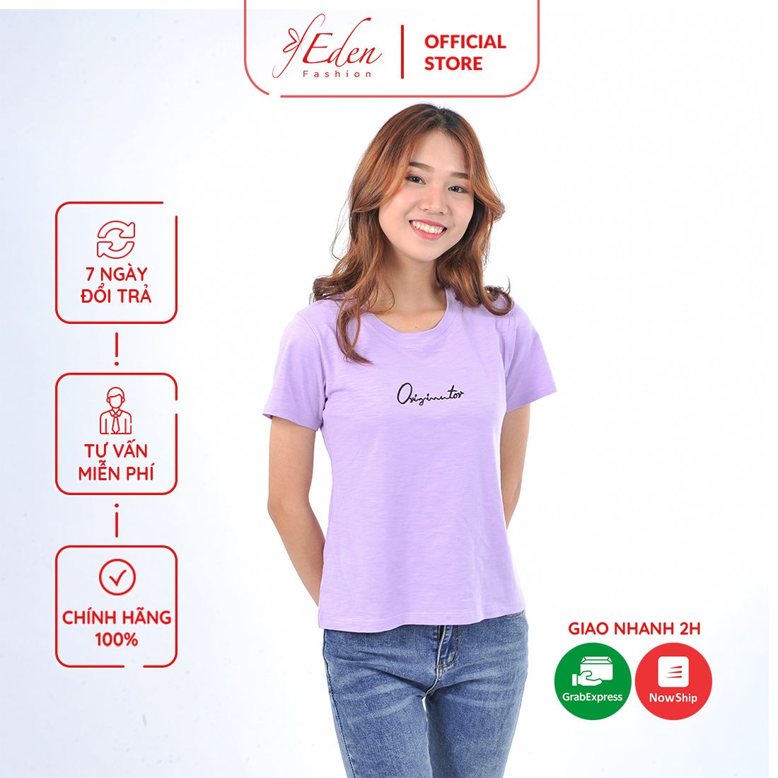 Áo thun nữ tay ngắn cổ tròn thời trang Eden thêu chữ - AT091