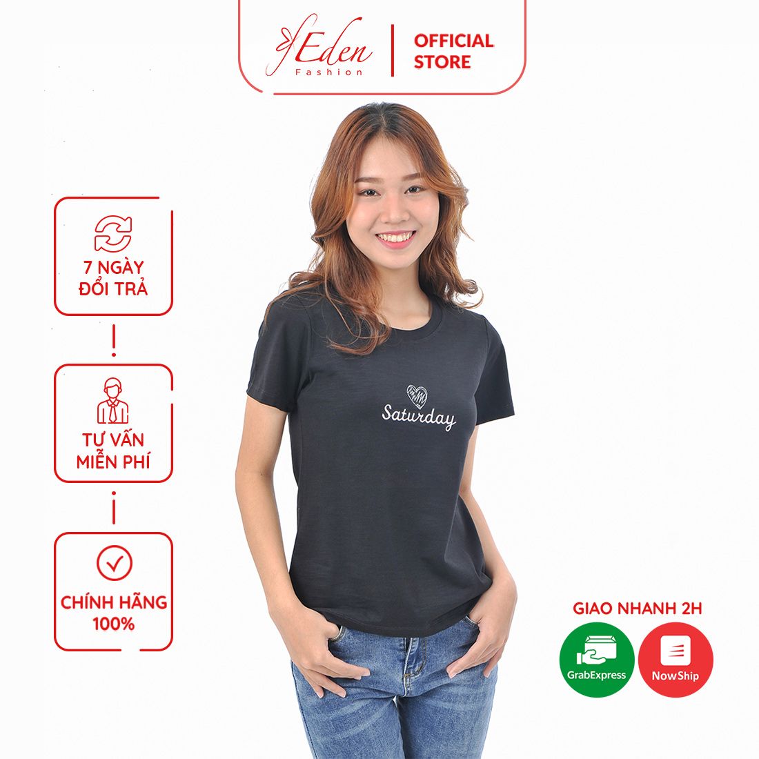 Áo thun nữ tay ngắn cổ tròn thời trang Eden thêu hình - AT093