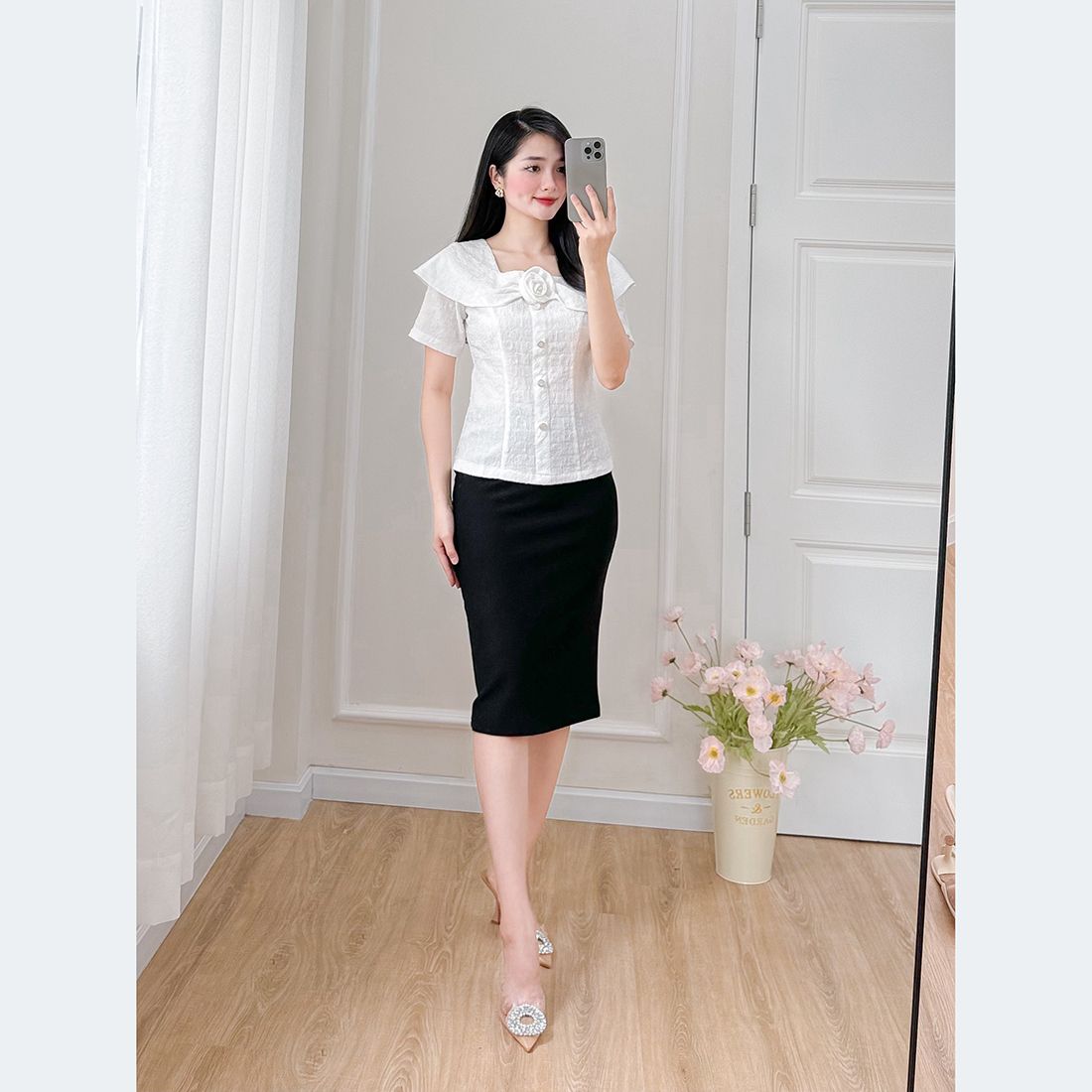 Áo kiểu nữ công sở cổ vuông tay ngắn phối hoa thời trang Eden - ASM239