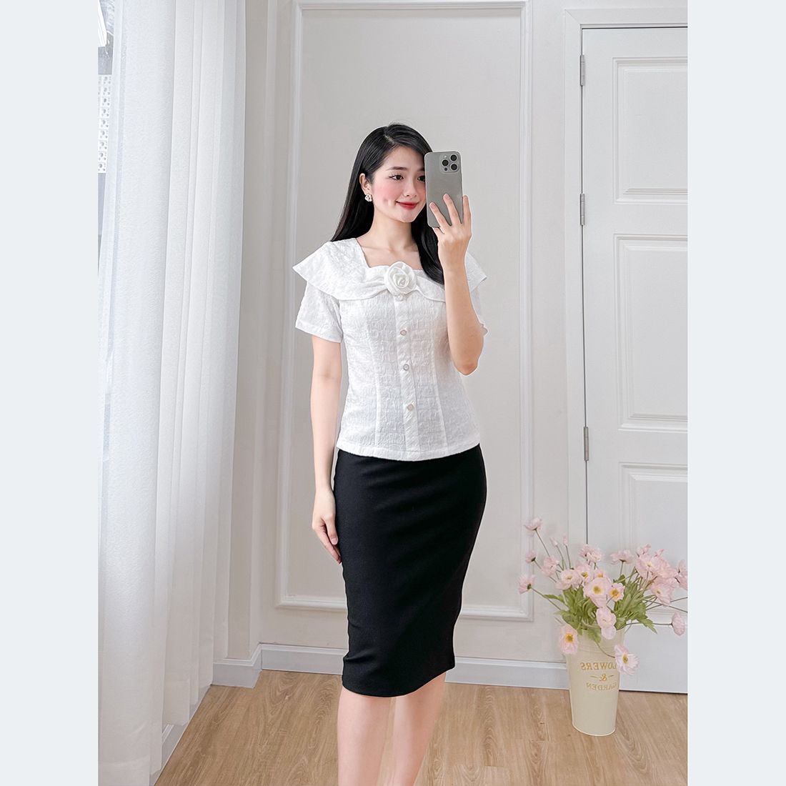 Áo kiểu nữ công sở cổ vuông tay ngắn phối hoa thời trang Eden - ASM239