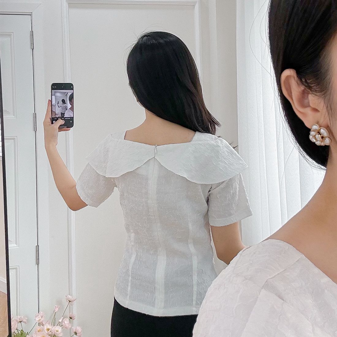 Áo kiểu nữ công sở cổ vuông tay ngắn phối hoa thời trang Eden - ASM239